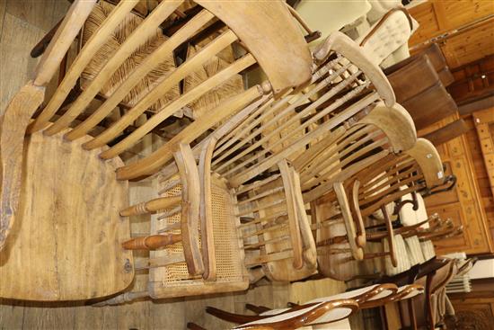 Three Victorian elm and beech lathe back elbow chairs and one other